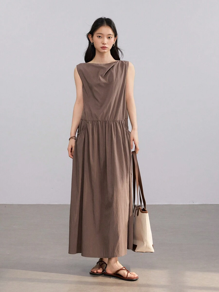 Dazy-Less Damen Einfarbiges Leinen Loose Vest Design Patchwork Midi Kleid Business Lässig