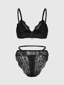 ROMWE Goth Conjunto de lencería gótica de terciopelo oscuro con encaje, sujetador y pantis con triángulos