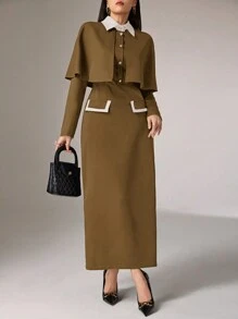Heiryn 女士两件套棕色裙装套装，含斗篷西装外套和中长铅笔裙，适合办公室穿着 - 駝色 - 查看 1