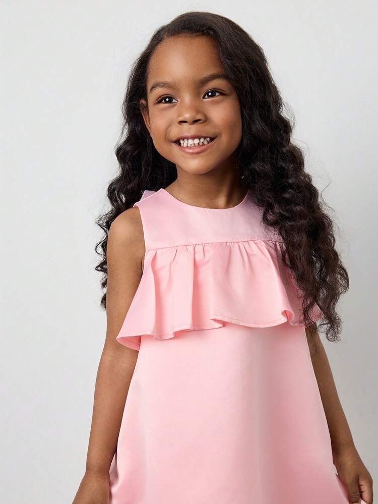 Young Girl Loose Casual Bowknot Decor Ruffle Hem Dress