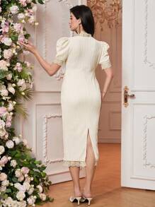 SHEIN Solid Color Lace Trim Belted Maternity Bodycon Dress, Elegant And Gorgeous Dress Without Belt - White - View 2
