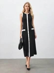 BizChic Women's Black & White Contrast Color Casual Everyday Dress, Minimalist Design For Work