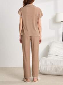 Lazeform Color Block Polo Collar Ruffled Short Sleeve & Pants Women Loungewear Set
