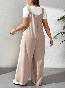 SHEIN Essnce 大码女装春夏时尚休闲宽松舒适日常卡其色吊带阔腿裤连体裤，女式夏季服装，沙滩度假，春装 - 杏色 - 查看 2