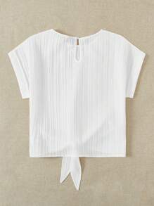 SHEIN Blusa casual a manica a pipistrello con orlo annodata, in tessuto lavorato, di colore bianco tinta unita, adatta per ragazze adolescenti, per primavera/estate, festival, interno ed esterno