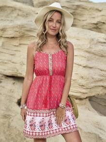 LanaWest 女式西式休闲复古印花细肩带中长连衣裙 - 彩色 - 查看 4