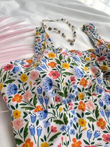 SHEIN 青少年女孩夏季/春季海滩、假日/连体泳衣，带花卉印花，非常适合度假