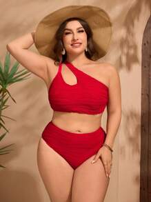 SHEIN Swim Curve 情人节基本款加大码单肩泳装套装，适合夏季海滩度假