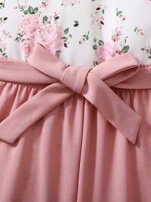 SHEIN Leap Crew Teen Girls Floral Print Woven Short Cap Sleeve Shirt With Bowknot Waist & Long Pants 2Pcs Set - Pink - View 5