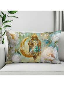 2 件装柔软斋月枕套 - 月亮和水彩花卉设计，非常适合开斋节装饰，带拉链封口的涤纶靠垫套，适合客厅和卧室 - 彩色 - 查看 4