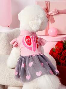 PETSIN 1 قطعة فستان كلب أنيق وجذاب بأكمام وردية بطبعة قلوب وشبك لامع لعيد الحب