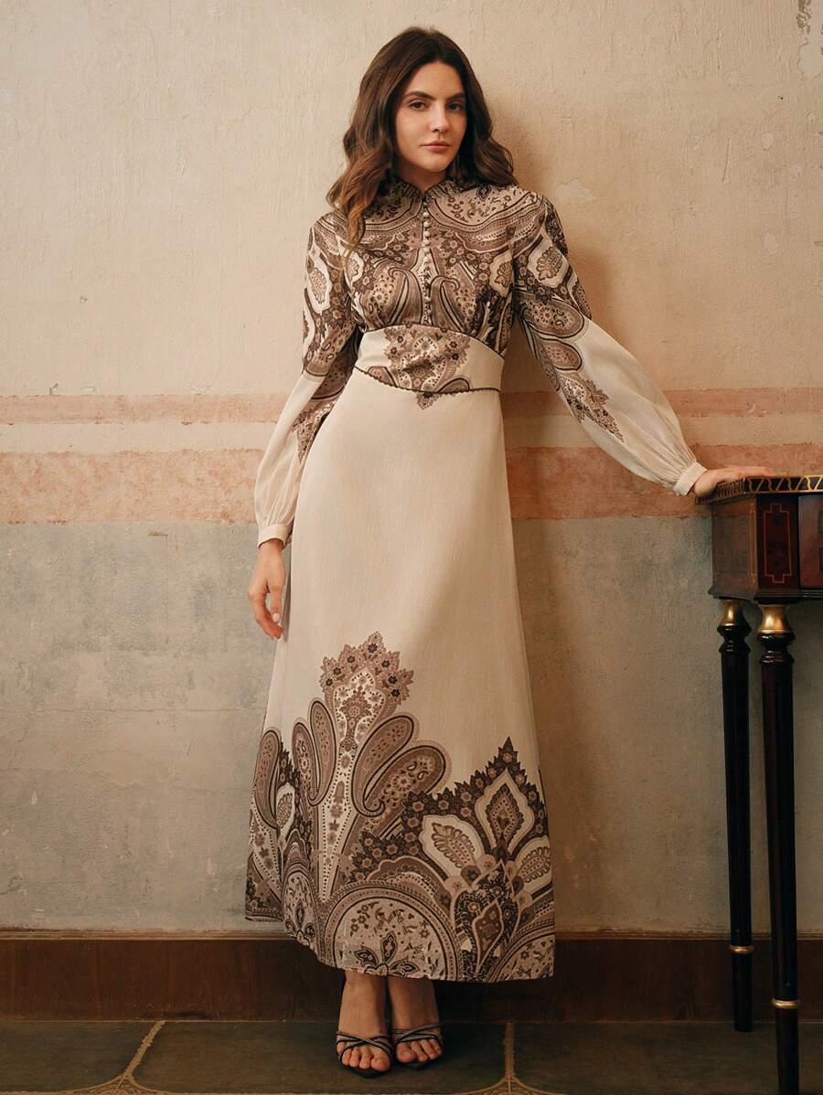 Anewsta Váy tay dài cổ đứng in họa tiết Paisley thanh lịch, thích hợp cho ngày lễ tình nhân, năm mới và kỳ nghỉ - Màu be - Xem 1