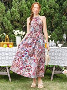 SHEIN 青少年波西米亚风花卉印花吊带束腰长裙