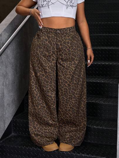 SHEIN ICON Y2K Streetwear Plus Size Baggy Leopard Print Jeans