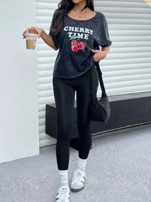 SHEIN EZwear T-shirts femme à lavage nostalgique avec cerises d'été - Noir - Voir 5