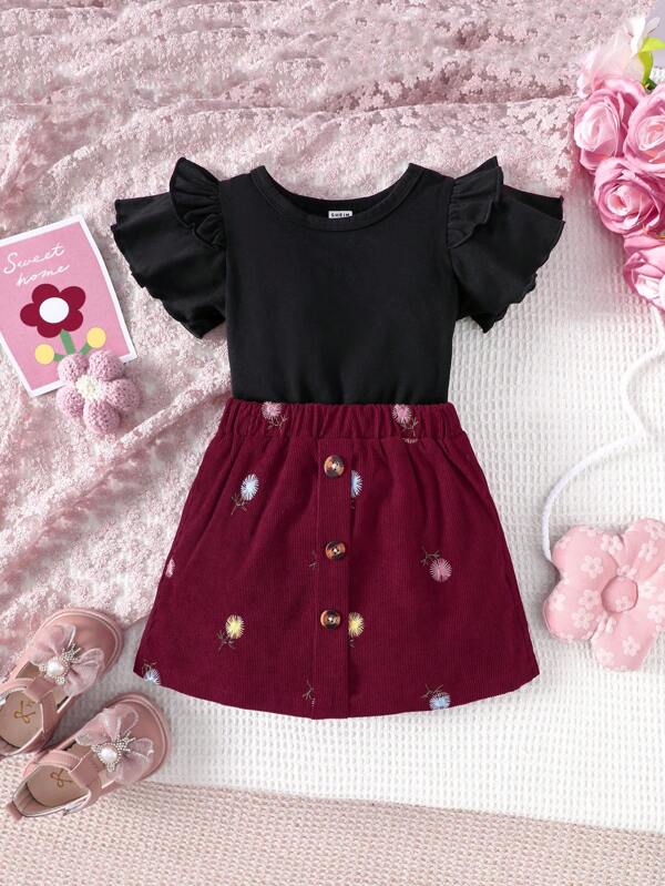2 Stücke/Set Baby Mädchen Frühling & Sommer Lässig Volants Ärmelloses Top & Blumenstickerei Kurze Hose