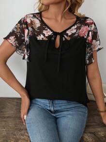 EMERY ROSE 女士花卉印花拼布黑色面料荷叶边短袖 T 恤，休闲日常穿着，春夏 - 彩色 - 查看 5