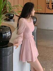 DAZY 女式短款圆领长袖粉色迷你连衣裙，春夏秋季太阳裙