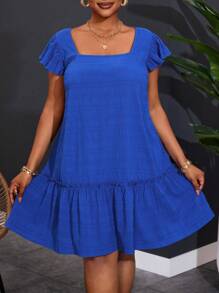 Slaydiva Women Plus Size Square Neckline Cap Sleeve Casual Work Vacation A-Line Dress