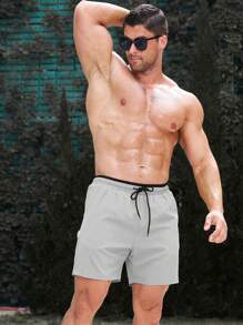 Manfinity Swimmode Pantaloni scurți casual simpli pentru bărbați, cu imprimeu petice, cu legături în față, potriviți pentru timpul liber și vacanță, stil hawaian