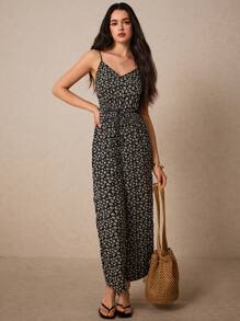 Poéselle 女式碎花印花细肩带连体裤，配有松紧腰带