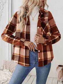 SHEIN LUNE Chaqueta casual con botones y bolsillos con estampado a cuadros de manga larga para mujer, camisa de uso casual diario para mujer