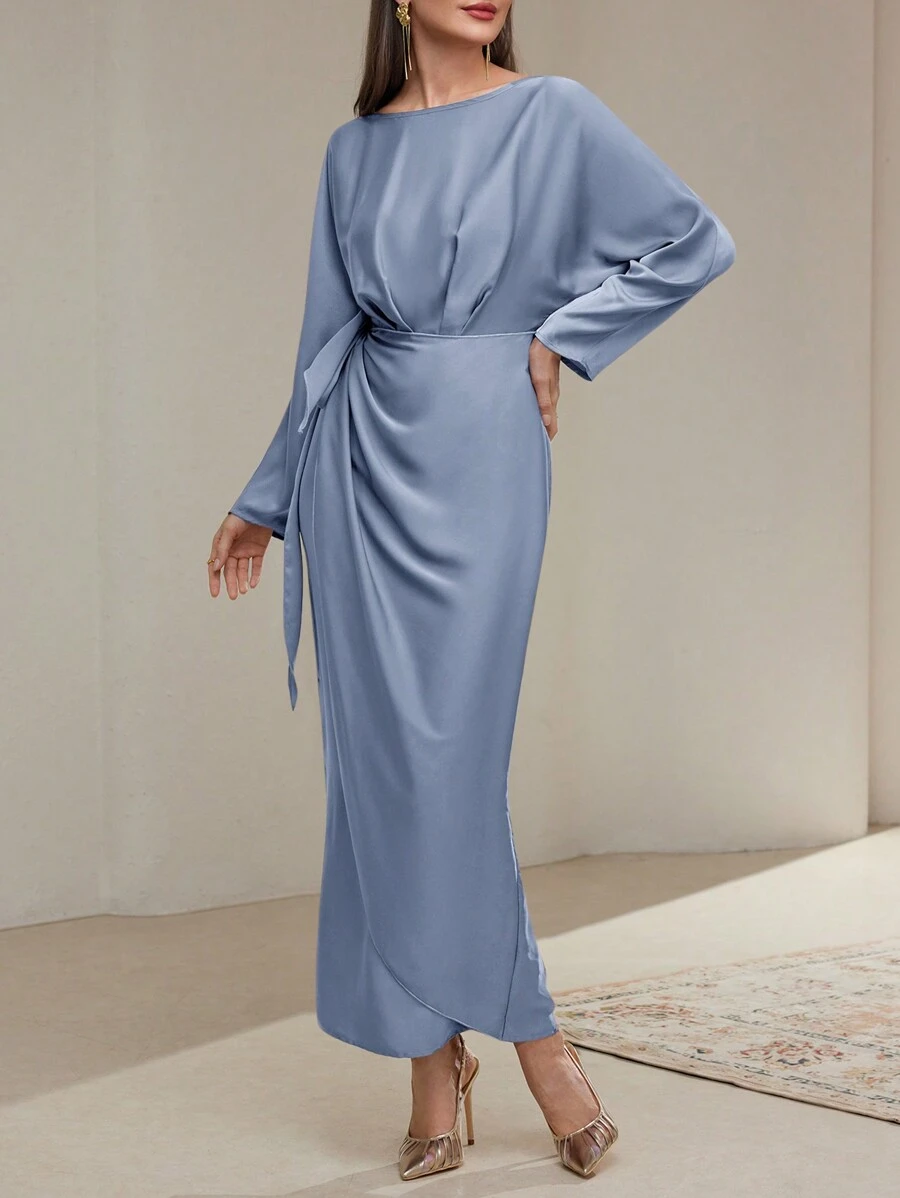Veilorie 女士优雅纯色蝙蝠袖系腰连衣裙 - 霧霾藍 - 查看 1
