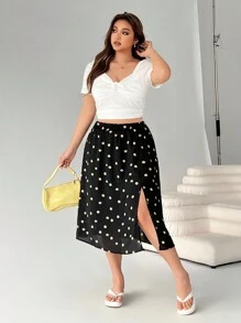 SHEIN EZwear Plus Size Daisy Print Split Hem Casual Skirt, Suitable For Vacation - Black - View 3
