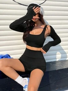 SHEIN EZwear Black Elastic Knit Tight Yoga Sports Vest And Shorts Set For Women