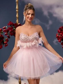 SHEIN Belle Elegant, Romantic, Dignified, Youthful Vitality, Spring And Summer, Light Pink, Mesh, Sequined Stitching Tube Dress, Fishbone Waist Graduation Dress, Concert Dress, Vacation Dress, Cute Summer, Prom Dress, Wedding Guest Dress (Feather Decoration), Party Dress,Graduation,Graduation Dresses For Women,Back To School Dress