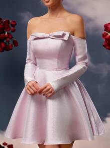SHEIN Belle Elegante y romántico vestido formal rosa pastel con lazo de tela brillante y mangas largas fuera del hombro, para fiesta de graduación, fiesta de cumpleaños, Día de San Valentín, baile de graduación, vestido de invitado a boda