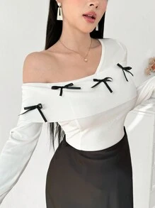 Modelyn Women's Asymmetrical Shoulder Long Sleeve Slim Fit T-Shirt Fall Cloth For Women - White - View 4