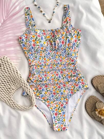 SHEIN Teen Girls Summer/Spring Beach,Holiday/One-Piece Swimsuit With Flower Print, Perfect For Vacation