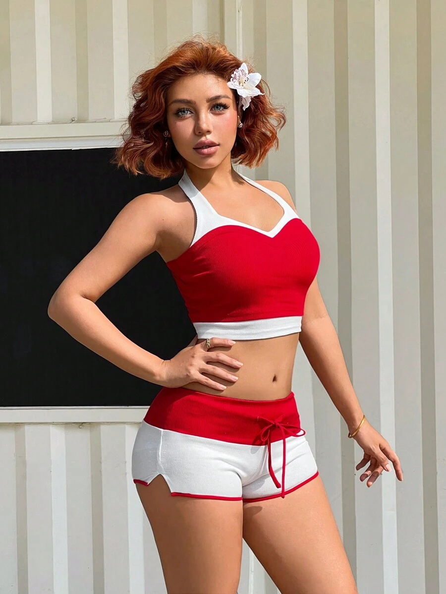 SHEIN Sweetina 甜美运动拼色腰带和抽绳复古低腰短裤套装 - 紅白色 - 查看 1