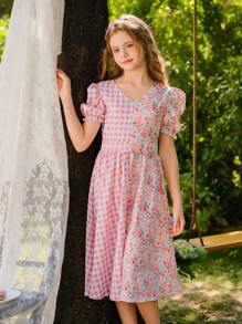 SHEIN Tween Girl Checkered Floral Print Cute Short Puff Sleeve Dress - Pink - View 5