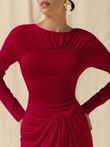 COSMINA Women's Solid Color Round Neck Long Sleeve Pleated Elegant Dress - Red - View 6