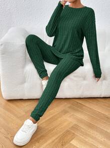 SHEIN Frenchy Drop Shoulder Ribbed Knit Tee & Leggings Textured Fabric Two Pieces Winter Green Casual Christmas Spring - Olive Green - View 3