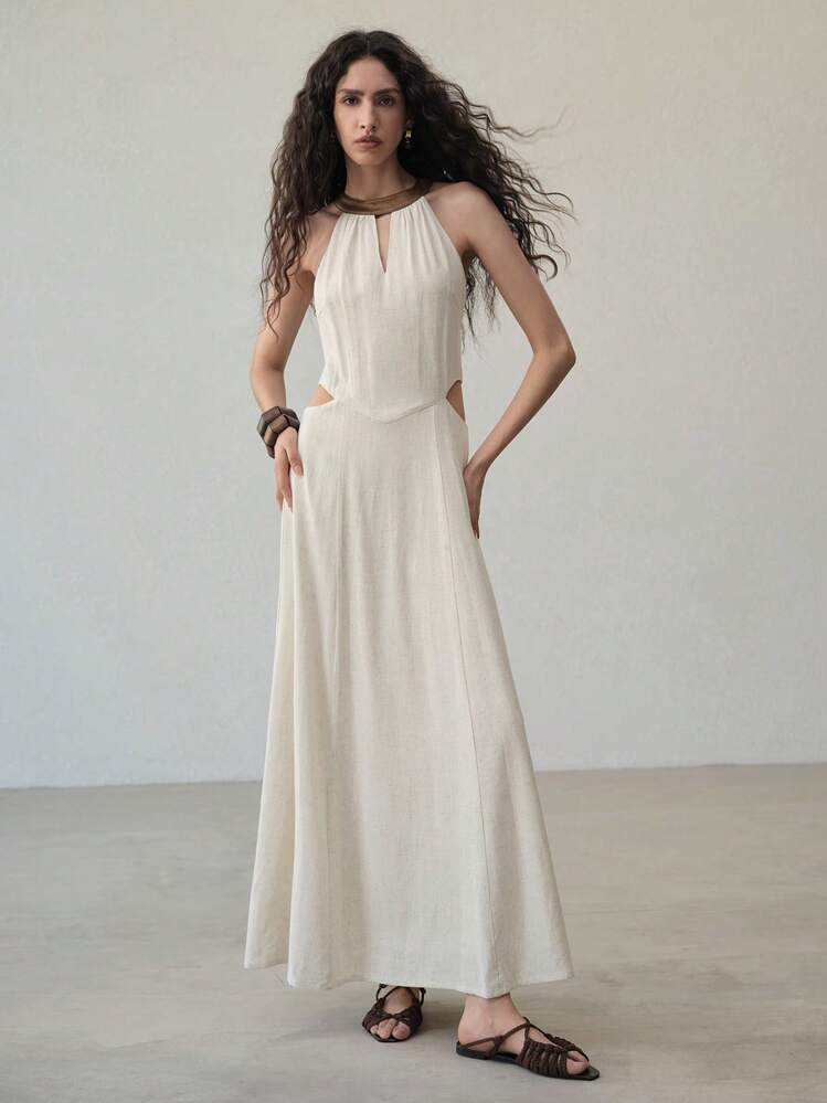 MOTF PREMIUM LINEN CUT OUT HALTERNECK DRESS - Apricot - View 3