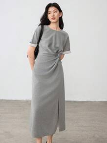 Dazy-Less 优雅商务休闲拼色扭纹设计高开叉中长款连衣裙，适合女士老式风格太阳裙 - 灰色 - 查看 3