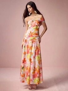 Enchnt 女士优雅花卉印花褶皱连衣裙，度假连衣裙 - 橘色 - 查看 7