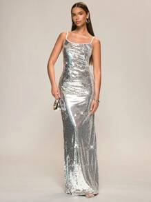 Glamine Vestido largo de tirantes finos con decoración de lentejuelas para mujer, corte slim - Plateado - Ver 1