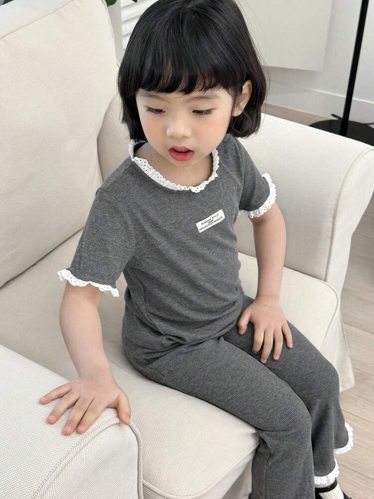 2pcs/Set Young Girl Letter Print Short Sleeve Top And Pants Set,Girls Summer Outfits