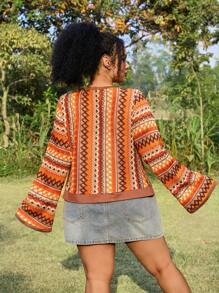 SHEIN EZwear Plus Size Romantic Colorful Hollow Out Striped Slim Fit Tie-Front Shirt, Spring - Multicolor - View 2