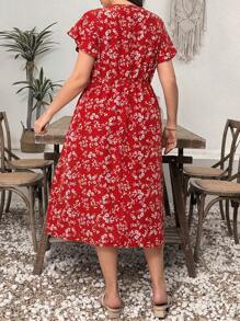 Plus Size Women Summer Front Button Short Sleeve All-Over Print Casual Dress - Red - View 2