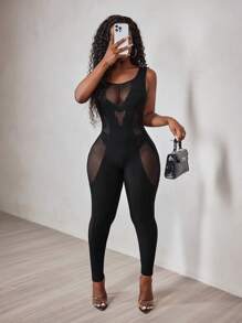 BamGleam Women's Solid Color Sleeveless Minimalist Fitted Hollow Out Mesh Jumpsuit