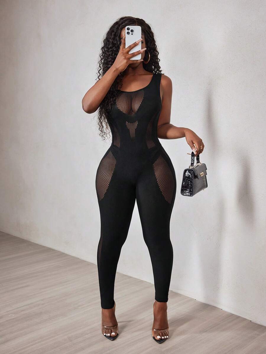 BamGleam Women's Solid Color Sleeveless Minimalist Fitted Hollow Out Mesh Jumpsuit