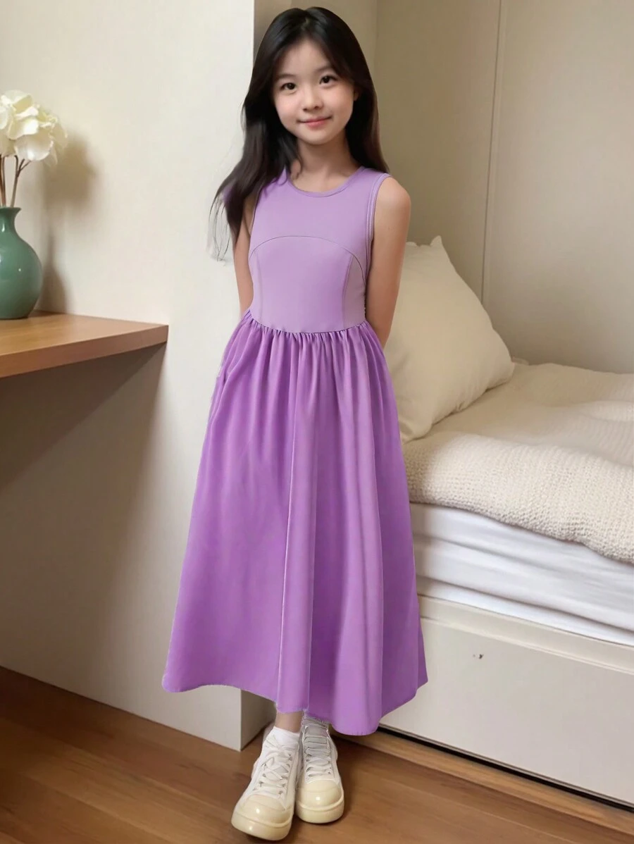 SHEIN Tween Girl Minimalist Round Neck Sleeveless High Waist Loose Solid Color Long Dress, Comfortable Simple Versatile Korean Style For Early Summer - Purple - View 1