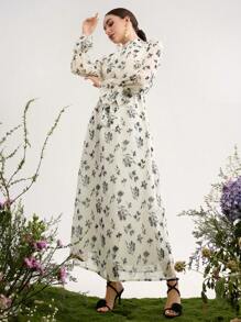 Graceveil 女士雪纺花卉印花浪漫优雅保守阿拉伯长裙，春夏季，端庄 - 白色 - 查看 5