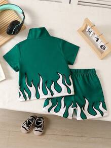 2pcs Baby Boy Summer Casual Flaming Pattern Print Short Sleeve Zip-Up Jacket & Shorts Set, Olive Green, Suitable For Everyday, Outdoor Play, School, Vacation - Elegant Style, Fits For Family Leisure, Sports And Party