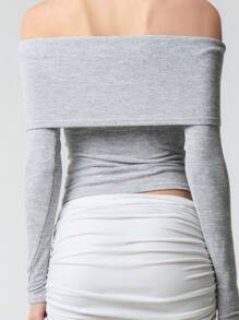 TypaGal Textured Fold Over Off Shoulder Long Sleeve Top - Grey - View 2